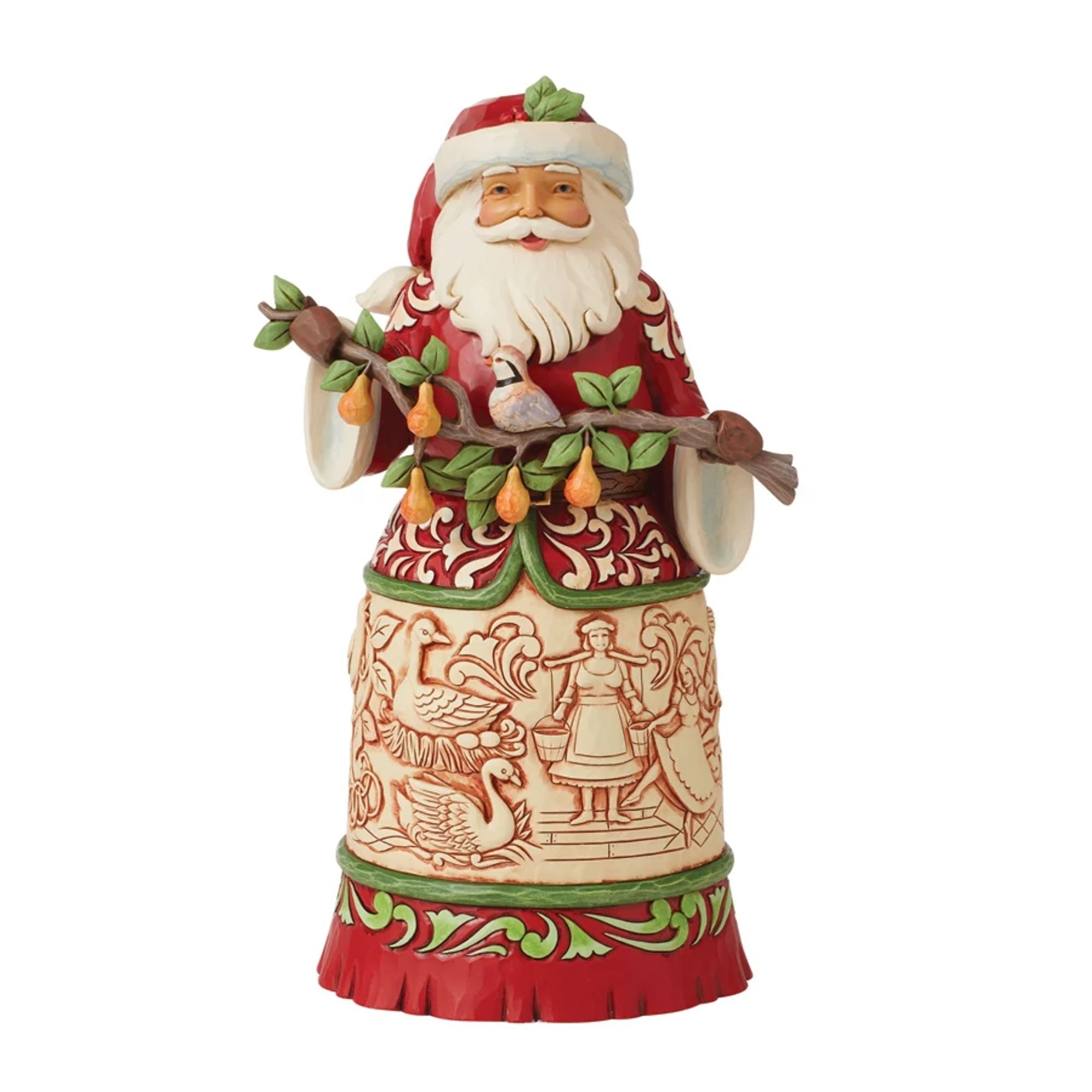 Jim Shore Heartwood Creek kerstman beeldje (artikel 6013135) genaamd 'Twelve Days of Christmas' met traditionele quiltmotieven en een tak van een perenboom.