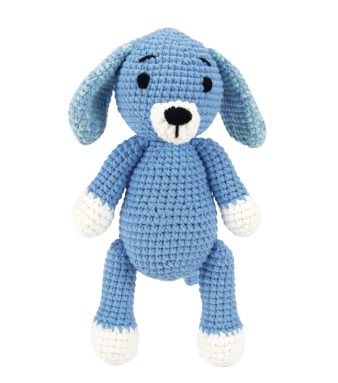 Foto van Lucas de hond, een handgemaakte en gehaakte kinder knuffel.