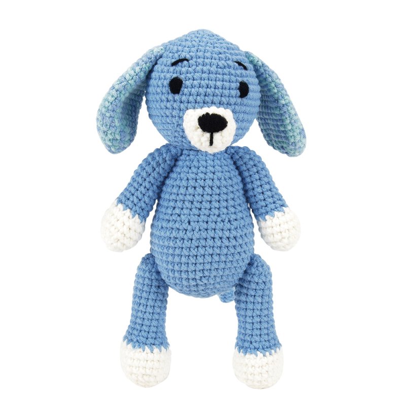 Foto van Lucas de hond, een handgemaakte en gehaakte kinder knuffel.